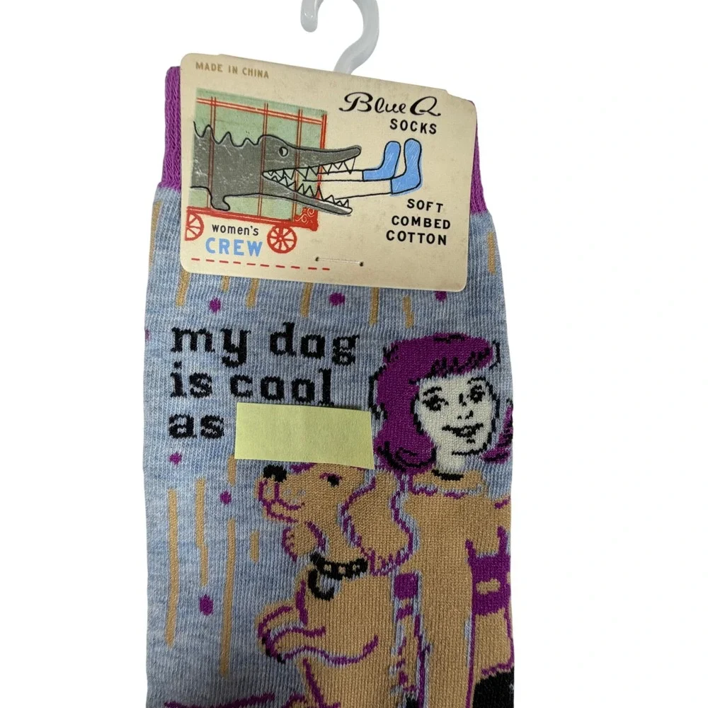 New Blue Q My Dog Is Cool As **** Crew Socks Women 5-10 Grey Purple  Dog Lover
